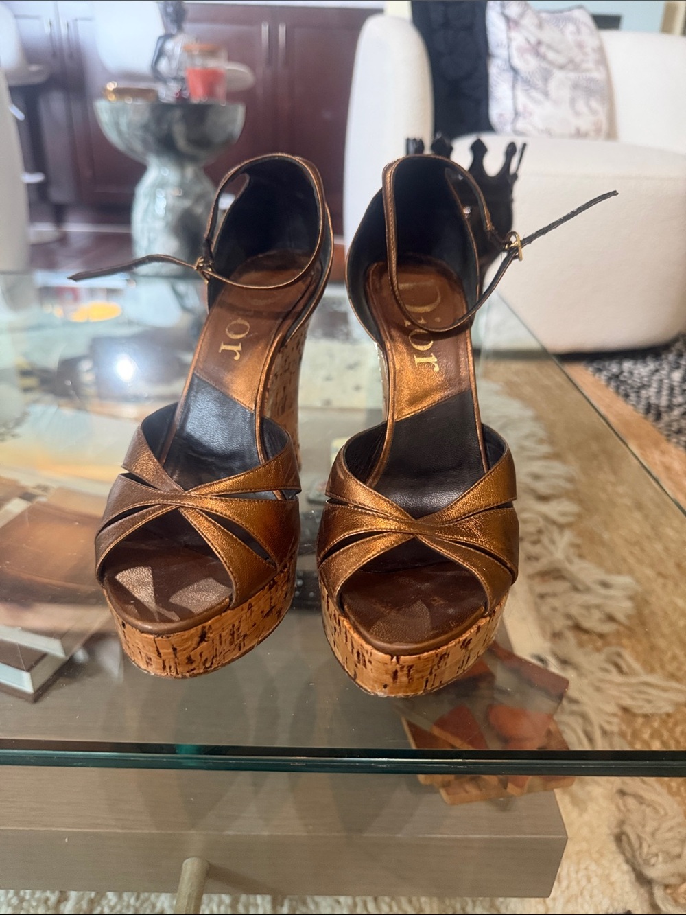 Dior Bronze Metallic Leather Cork Platform Wedges